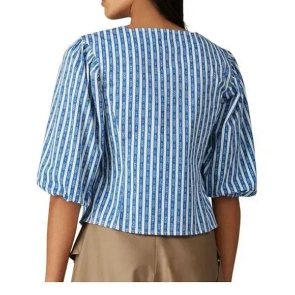 Tory Burch Gemini Link Button Front Top Size 12 Blue Stripes Cotton Puff Sleeves - Picture 8 of 14